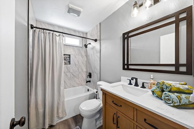 3221 Camarillo Ave, Oceanside, CA 92056 - bathroom with toilet, vanity, shower / bathtub combination with curtain, and wood finished floors