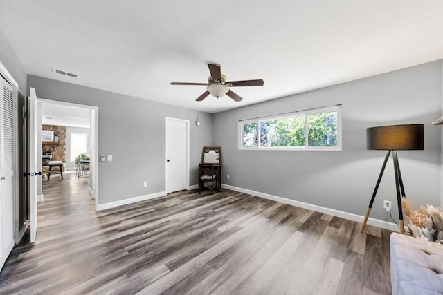 3221 Camarillo Ave, Oceanside, CA 92056 - unfurnished bedroom with a closet, wood finished floors, baseboards, and a ceiling fan
