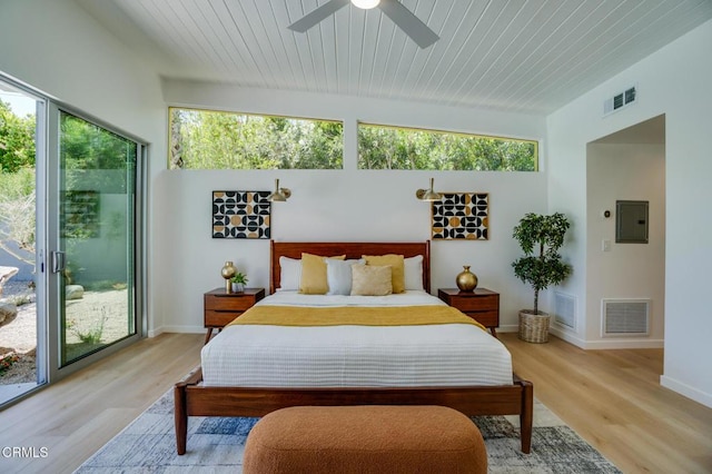 bedroom featuring electric panel, access to exterior, multiple windows, light wood-type flooring, and wooden ceiling