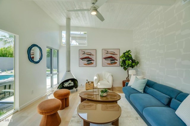 sitting room featuring light wood-type flooring, healthy amount of natural light, ceiling fan, wood ceiling, and baseboards