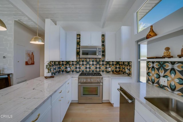 2839 N Davis Way, Palm Springs, CA 92262 - kitchen with stainless steel appliances, white cabinetry, tasteful backsplash, light wood finished floors, and beamed ceiling