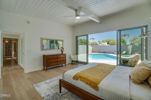 2839 N Davis Way, Palm Springs, CA 92262 - bedroom with access to exterior, light wood-style flooring, a wooden ceiling with exposed beams, and ceiling fan