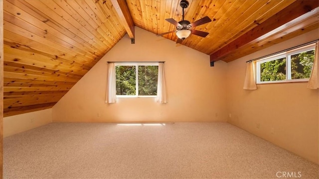 bonus room with carpet floors, healthy amount of natural light, wood ceiling, and ceiling fan
