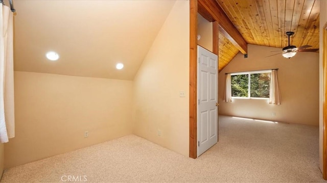 bonus room with carpet floors, wood ceiling, a ceiling fan, and recessed lighting