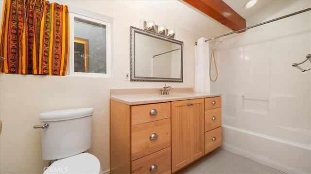 bathroom with toilet, shower / bath combination, and vanity