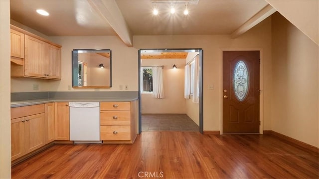 kitchen with white dishwasher, light brown cabinets, wood finished floors, and rail lighting