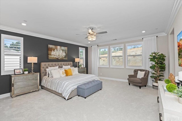 940 Lindbergh Dr, San Marcos, CA 92069 - bedroom featuring light colored carpet, ornamental molding, recessed lighting, and a ceiling fan