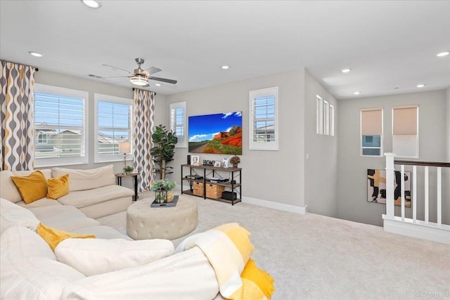 940 Lindbergh Dr, San Marcos, CA 92069 - living area with carpet flooring, a ceiling fan, and recessed lighting