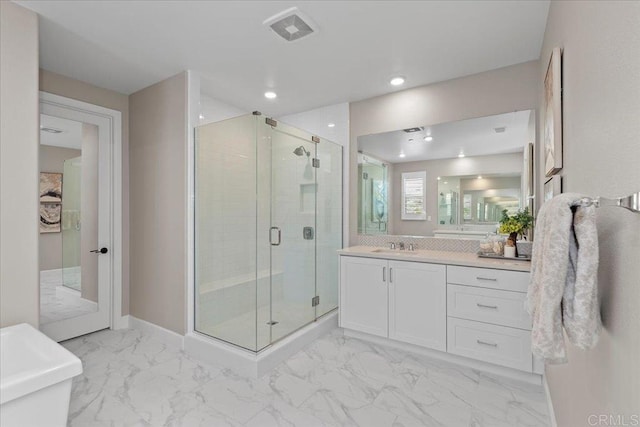 940 Lindbergh Dr, San Marcos, CA 92069 - bathroom with marble finish floors, a stall shower, vanity, recessed lighting, and a freestanding tub