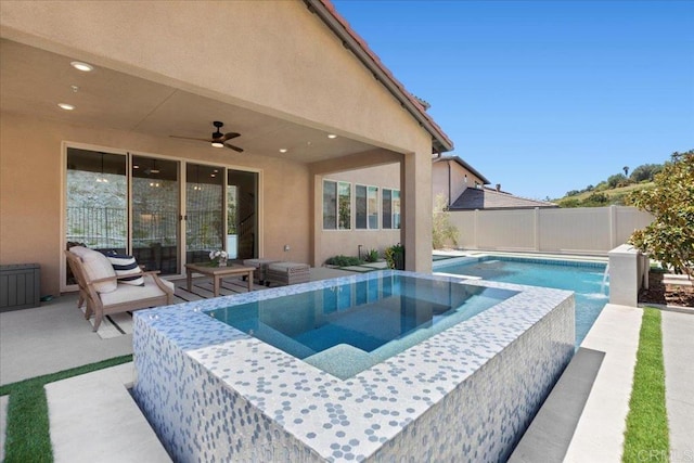 940 Lindbergh Dr, San Marcos, CA 92069 - view of pool with ceiling fan, a fenced backyard, a patio, and a pool with connected hot tub