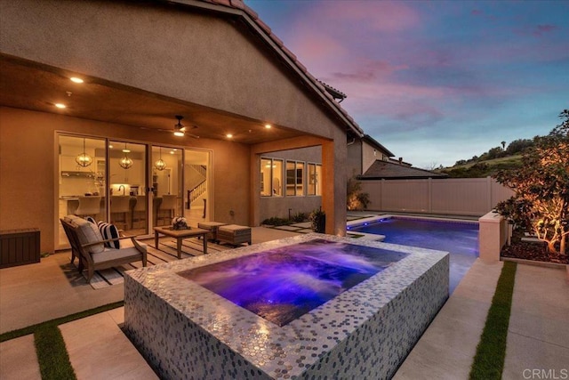 940 Lindbergh Dr, San Marcos, CA 92069 - view of swimming pool with an in-ground hot tub, a patio area, a fenced backyard, and ceiling fan