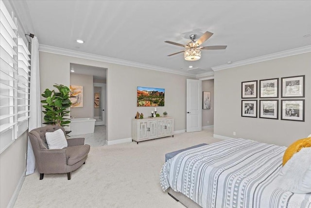 940 Lindbergh Dr, San Marcos, CA 92069 - bedroom with light colored carpet, crown molding, recessed lighting, a ceiling fan, and ensuite bath