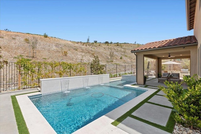 940 Lindbergh Dr, San Marcos, CA 92069 - view of pool with a fenced backyard, ceiling fan, a patio, and an outdoor living space
