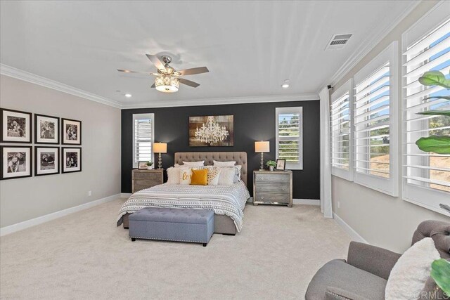940 Lindbergh Dr, San Marcos, CA 92069 - carpeted bedroom featuring ornamental molding, recessed lighting, and ceiling fan