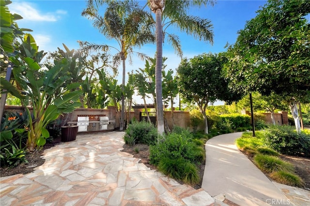 view of home's community featuring area for grilling, fence, and a patio area
