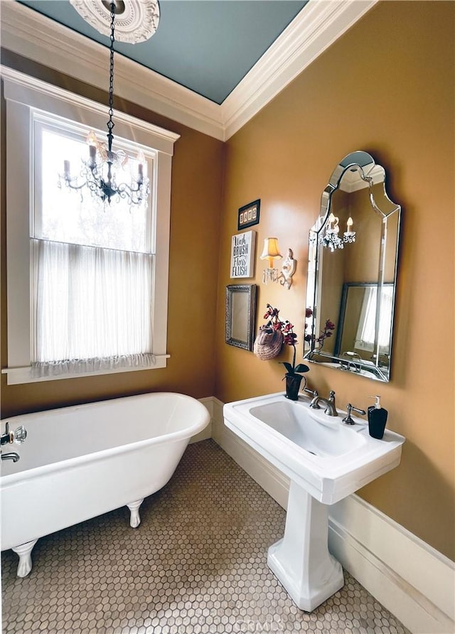 1151 W 14th St, San Pedro, CA 90731 - full bathroom featuring a freestanding tub, crown molding, and tile patterned floors