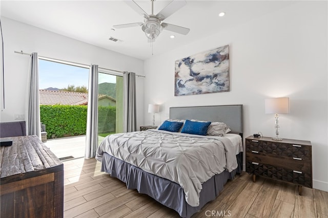 54060 Avenida Madero Ln, Quinta, CA 92253 - bedroom featuring access to outside, light wood-type flooring, recessed lighting, and ceiling fan