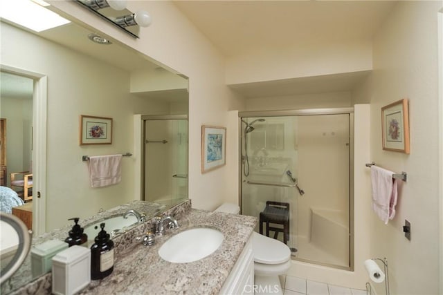 3268 San Amadeo Unit C, Laguna Woods, CA 92637 - bathroom with a shower stall, toilet, tile patterned flooring, and vanity