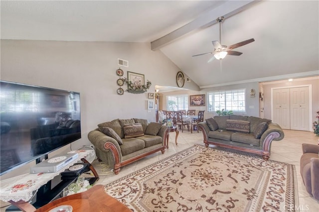 living area with tile patterned flooring, ceiling fan, beam ceiling, and high vaulted ceiling