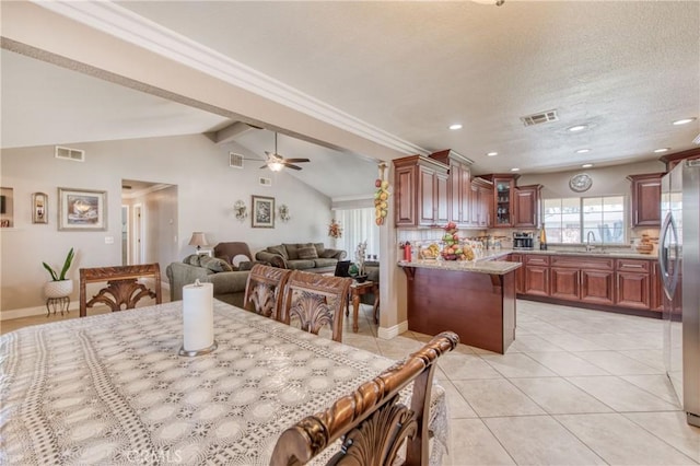 dining room featuring a ceiling fan, light tile patterned floors, and recessed lighting