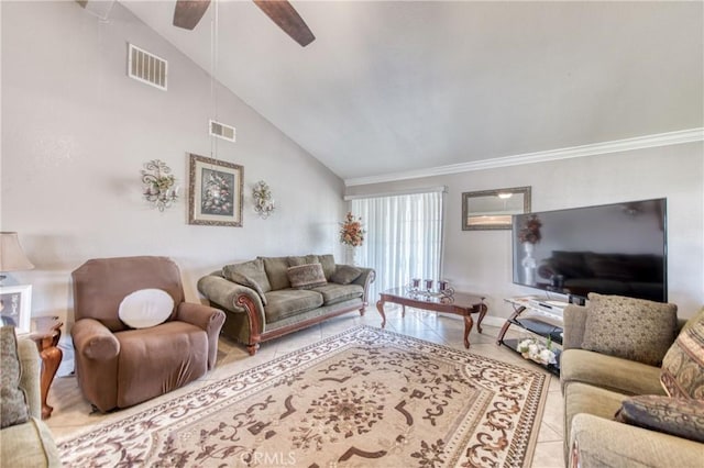 tiled living room featuring ceiling fan, crown molding, and high vaulted ceiling