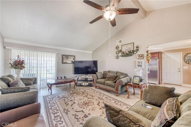 living room featuring ceiling fan, light tile patterned floors, high vaulted ceiling, baseboards, and ornamental molding