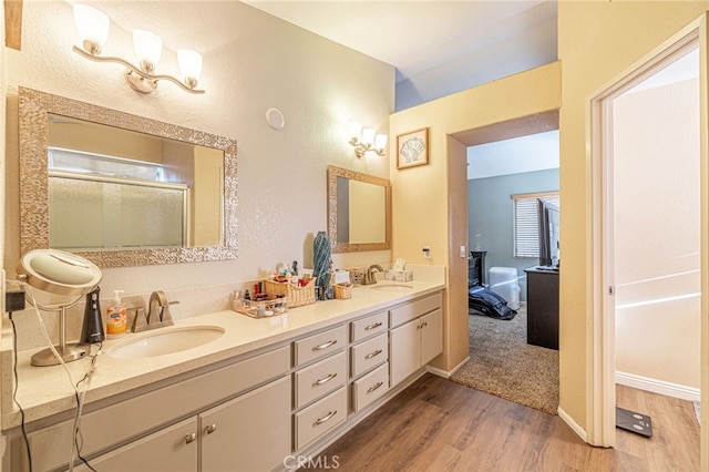 bathroom with wood finished floors and double vanity