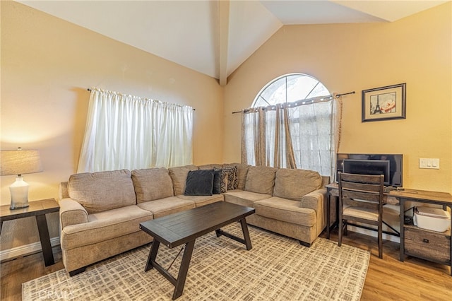 living room with wood finished floors and high vaulted ceiling