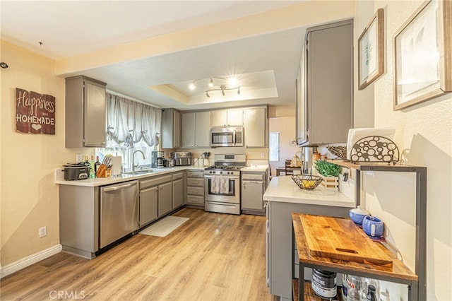 kitchen featuring stainless steel appliances, gray cabinets, a tray ceiling, light wood-style floors, and light countertops