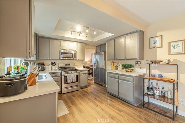kitchen featuring appliances with stainless steel finishes, gray cabinets, a raised ceiling, light wood-style floors, and light countertops
