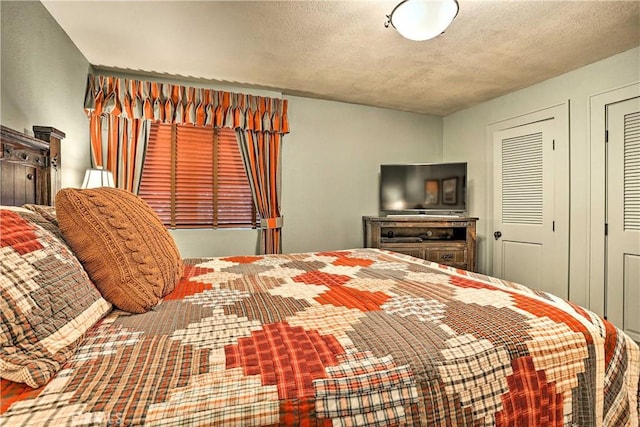 bedroom with two closets and a textured ceiling