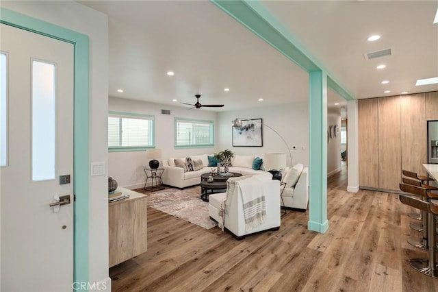 225 S Guadalupe Ave, Redondo Beach, CA 90277 - living room with recessed lighting, light wood-style flooring, ceiling fan, and baseboards