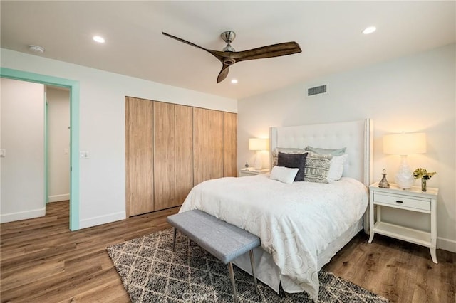 225 S Guadalupe Ave, Redondo Beach, CA 90277 - bedroom with baseboards, wood finished floors, recessed lighting, and ceiling fan