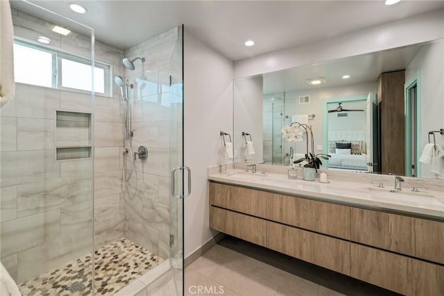 225 S Guadalupe Ave, Redondo Beach, CA 90277 - full bathroom featuring tile patterned flooring, a stall shower, ensuite bathroom, recessed lighting, and double vanity