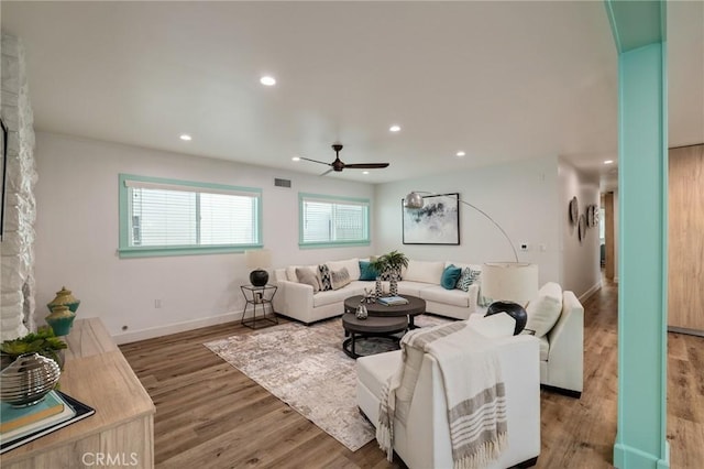 225 S Guadalupe Ave, Redondo Beach, CA 90277 - living room featuring a ceiling fan, light wood finished floors, recessed lighting, and baseboards