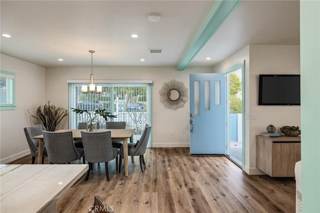 225 S Guadalupe Ave, Redondo Beach, CA 90277 - dining area with light wood finished floors, recessed lighting, baseboards, a chandelier, and beamed ceiling
