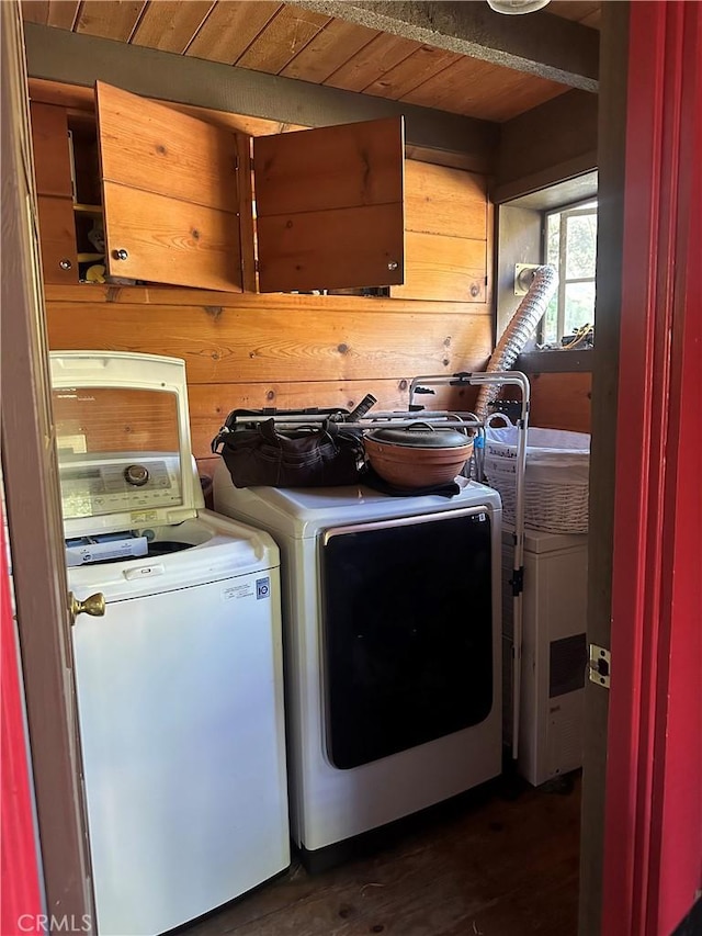 30 Bear Dr, Mt Baldy, CA 91759 - washroom featuring wood ceiling, washing machine and dryer, dark wood-style floors, and wood walls