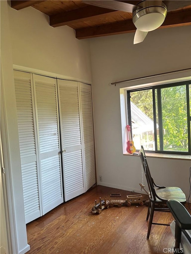 30 Bear Dr, Mt Baldy, CA 91759 - office featuring healthy amount of natural light, wood finished floors, wooden ceiling with exposed beams, and a ceiling fan
