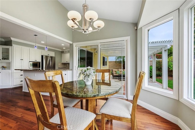 17152 Friml Ln, Huntington Beach, CA 92649 - dining space featuring lofted ceiling, a chandelier, baseboards, dark wood-type flooring, and recessed lighting