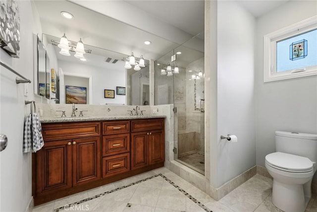 17152 Friml Ln, Huntington Beach, CA 92649 - full bath featuring a stall shower, toilet, baseboards, double vanity, and recessed lighting