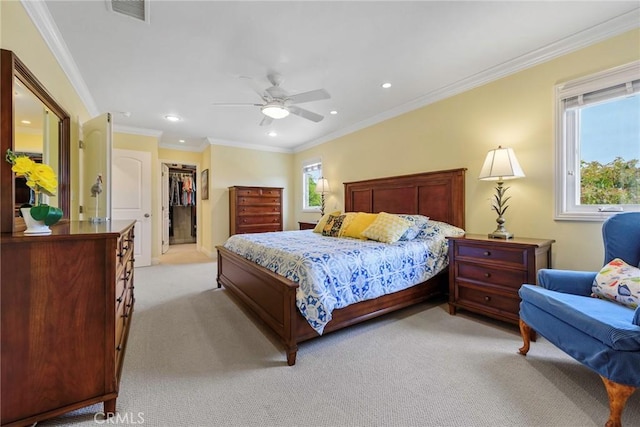 17152 Friml Ln, Huntington Beach, CA 92649 - bedroom featuring light carpet, recessed lighting, crown molding, a closet, and a ceiling fan