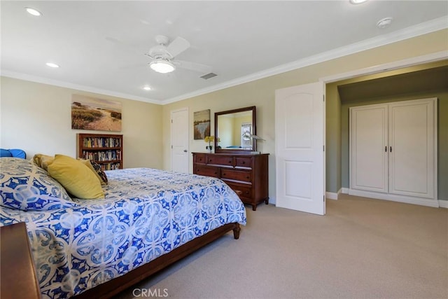 17152 Friml Ln, Huntington Beach, CA 92649 - bedroom featuring crown molding, recessed lighting, light colored carpet, and a ceiling fan