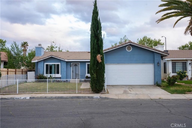 2320 Scott Ave, Palmdale, CA 93550 - ranch-style home with a chimney, a tile roof, a garage, driveway, and stucco siding