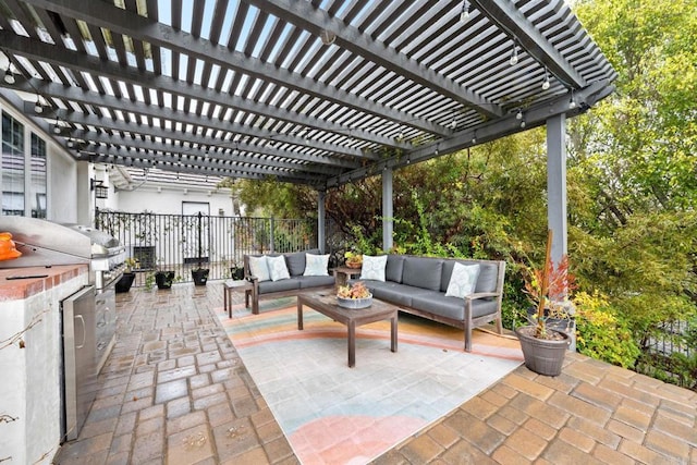 3401 Adams Run, Encinitas, CA 92024 - view of patio with outdoor lounge area, a pergola, a grill, and fence