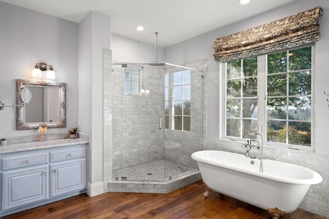 3401 Adams Run, Encinitas, CA 92024 - full bath featuring a shower stall, a freestanding bath, wood finished floors, vanity, and recessed lighting