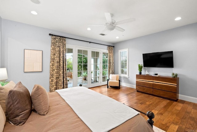 3401 Adams Run, Encinitas, CA 92024 - bedroom with access to exterior, hardwood / wood-style floors, baseboards, recessed lighting, and ceiling fan