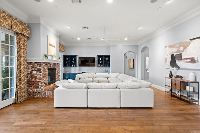 3401 Adams Run, Encinitas, CA 92024 - living area with ceiling fan, a brick fireplace, recessed lighting, plenty of natural light, and wood-type flooring