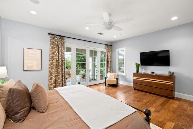 3401 Adams Run, Encinitas, CA 92024 - bedroom with access to exterior, wood-type flooring, recessed lighting, a ceiling fan, and french doors