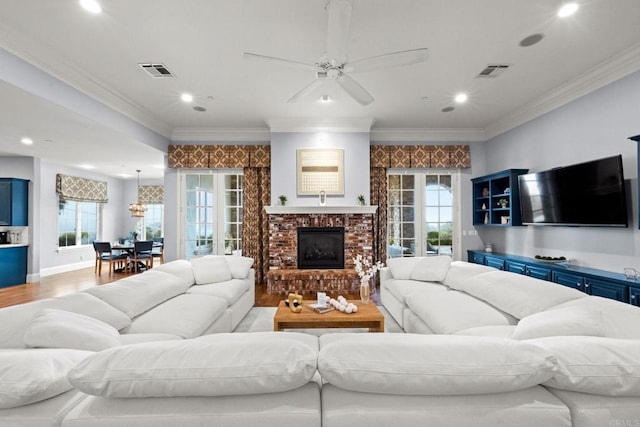 3401 Adams Run, Encinitas, CA 92024 - living room with wood finished floors, recessed lighting, ceiling fan, crown molding, and a fireplace