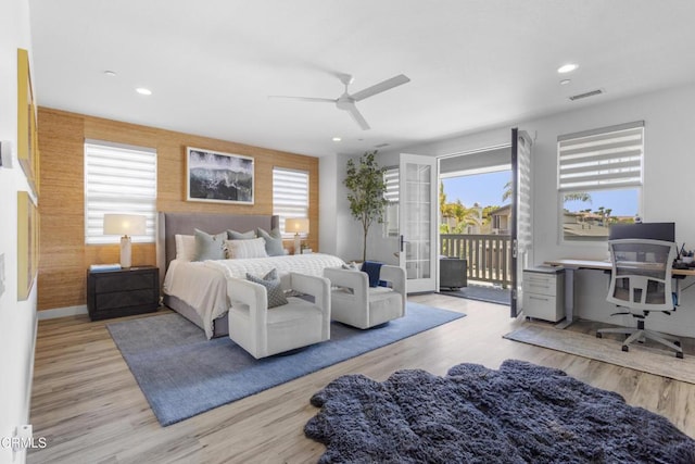 4173 Caribbean St, Oxnard, CA 93035 - bedroom featuring access to exterior, wood finished floors, a desk, recessed lighting, and ceiling fan